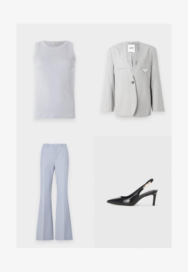 Grå blazer med dyb V-hals og enkelt knaplukning, med to forlommer og et lommetørklæde detaljer. Skræddersyet pasform med lange ærmer.; Lyseblå ribbet tanktop med en rund udskæring. Glat tekstur og ærmeløst design med et diskret mærke på udskæringen.; Lyseblå flared bukser med en glat tekstur, der har en flad front, to sidelommer og et rent liv.; Sort læder slingback højhælede sko med spidse tæer, glat overflade og en smal ankelrem med guldfarvede hardware detaljer.