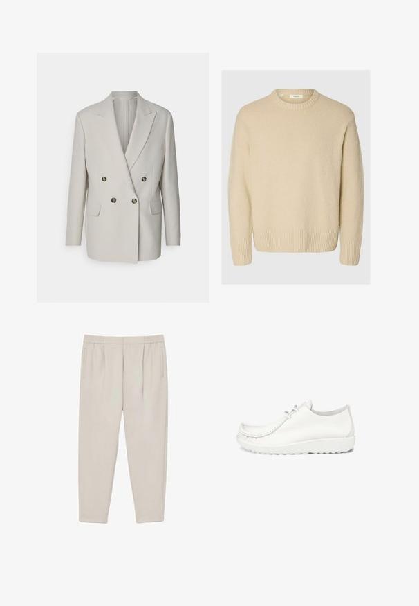 Lys beige dobbeltradet blazer med spidse klapper, to frontlommer og mørke runde knapper. Glat stof, skræddersyet pasform.; Cremefarvet sweater lavet af tekstureret stof. Har en ribbet rund halsudskæring og ribbede mansjetter, med en afslappet pasform og lange ærmer.; Lys beige skrå bukser med plisseringer ved taljen, sidelommer og elastisk taljebånd, vist fladt på en hvid baggrund.; Hvide lædersko med en afrundet tå, syninger og en let hvid sål. Har to hul til snørebånd.
