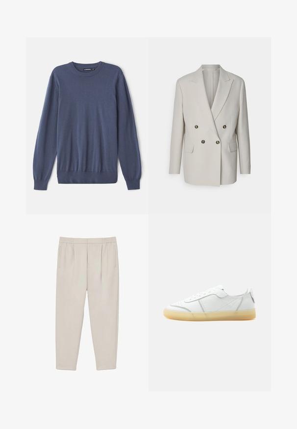 Hellbeige, doppelt geknöpfter Blazer mit Spitztaschen, zwei Fronttaschen und dunklen, runden Knöpfen. Glatter Stoff, taillierte Passform.; Herrenblauer Pullover aus weichem Material, mit Rundhalsausschnitt, langen Ärmeln, gerippten Bündchen und passgenauem Saum. Glatte Textur ohne Muster.; Hellbeige, konisch zulaufende Hose mit Falten am Bund, Seitentaschen und elastischem Bund, flach auf weißem Hintergrund präsentiert.; Weißer flacher Ledersneaker mit beiger durchsichtiger Sohle, Schnürung vorne und minimalen Nähten, seitlich auf schlichtem Hintergrund gezeigt.