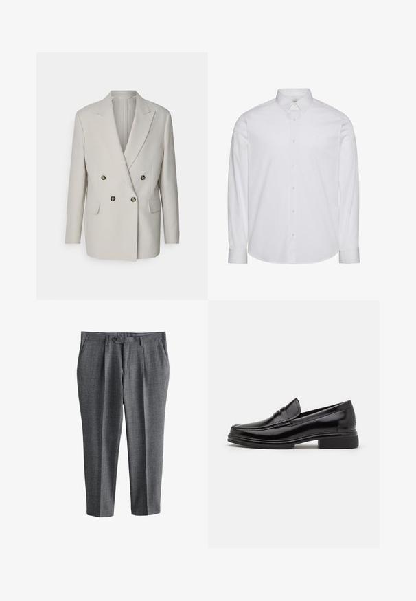 Lys beige dobbeltradet blazer med spidse klapper, to frontlommer og mørke runde knapper. Glat stof, skræddersyet pasform.; Hvid langærmet skjorte med knapper lavet af bomuld. Har en standardkrave, frontplade med knapper og afrundet kant. Diskret mærkelogo.; Grå skræddersyede herrebukser med frontknap og lynlås, sidelommer og lige ben pasform.; Sorte læder loafers med en rund tå, der har en syet detalje over vristen og en lav blokhæl. Glat tekstur og blank finish.
