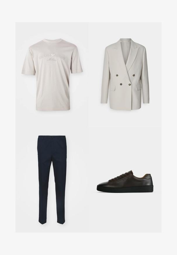 Blazer de doble botonadura en beige claro con solapas de pico, dos bolsillos frontales y botones redondos oscuros. Tejido suave, corte ajustado.; Camiseta de manga corta color beige claro, hecha de una tela suave, con el logo bordado "Emporio Armani Milano" en un tono ligeramente más oscuro.; Pantalones marinos fabricados en tejido entrelazado, con corte recto, cierre de botón y detalles de pliegue frontal para un aspecto refinado.; Zapatilla de perfil bajo de cuero marrón oscuro con suela de goma negra, cierre de cordones y diseño liso y minimalista sobre un fondo claro.