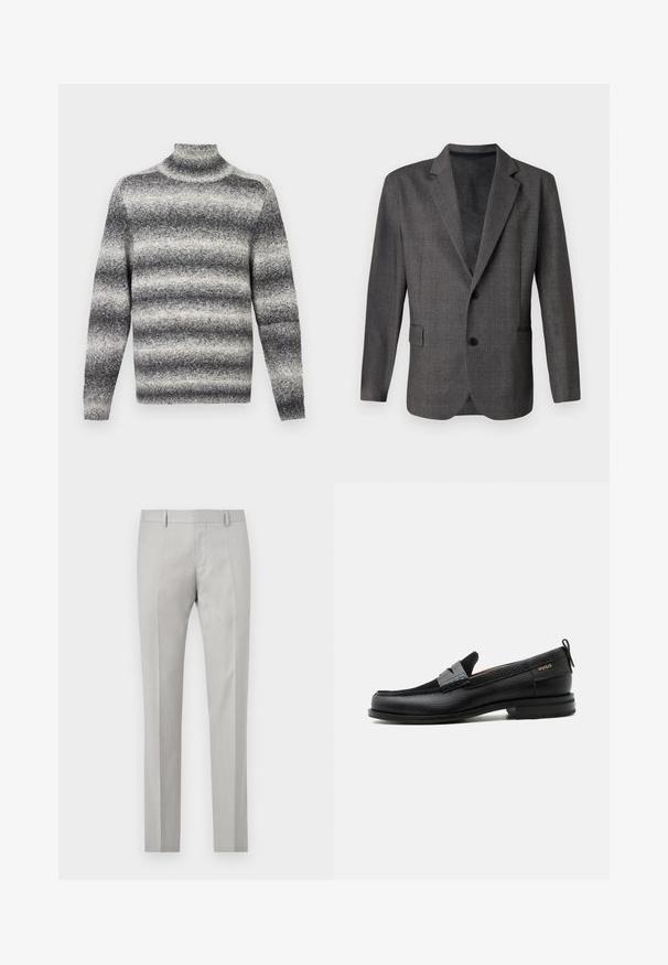 Grå blazer med et struktureret mønster, stikkraver, to knapper og en forlommes. Lavet af et glat stof, skræddersyet pasform.; Grå og hvid stribet højhalset sweater med ribstrik i halsen, der tilbyder en blød tekstur og almindelige lange ærmer.; Lys grå skræddersyede bukser med en glat tekstur, flad front og to sidelommer. Har lige ben og subtile plissé-detaljer.; Sort læderloafer med grå remdetalje, lav hæl og tekstureret sål, mærket med "HUGO" i guld på siden.