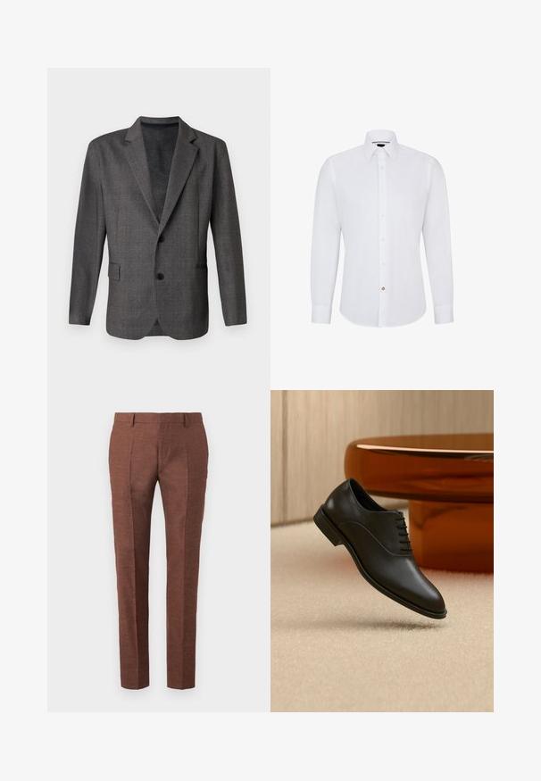 Blazer gris con un patrón texturado, solapas con muesca, dos botones y un bolsillo frontal. Hecho de una tela suave, de corte entallado.; Camisa de dress blanca de manga larga con cuello abotonado, que presenta una fila de pequeños botones y un único botón de contraste como acento.; Pantalones de lino marrones con un acabado texturado, presentan un diseño de corte slim, pliegues frontales cosidos y dos bolsillos laterales.; Zapato de vestir negro de cuero pulido con cordones flotando sobre una alfombra beige, con una gran mesa de cristal redonda de color ámbar al fondo.