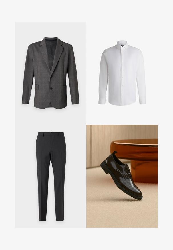 Blazer gris avec un motif texturé, revers en notch, deux boutons et une poche avant. Fabriqué dans un tissu lisse, coupe ajustée.; Chemise blanche à manches longues en coton lisse, dotée d'un col classique, d'une patte de boutonnage complète et de poignets à bouton. Design minimaliste.; Pantalons tailleur gris foncé avec une texture lisse, coupe slim, devant plat et passants de ceinture, conçus pour une tenue formelle ou professionnelle.; Chaussure habillée noire brillante en cuir à lacets flottant au-dessus d'un tapis beige avec une table ronde marron brillante en arrière-plan.