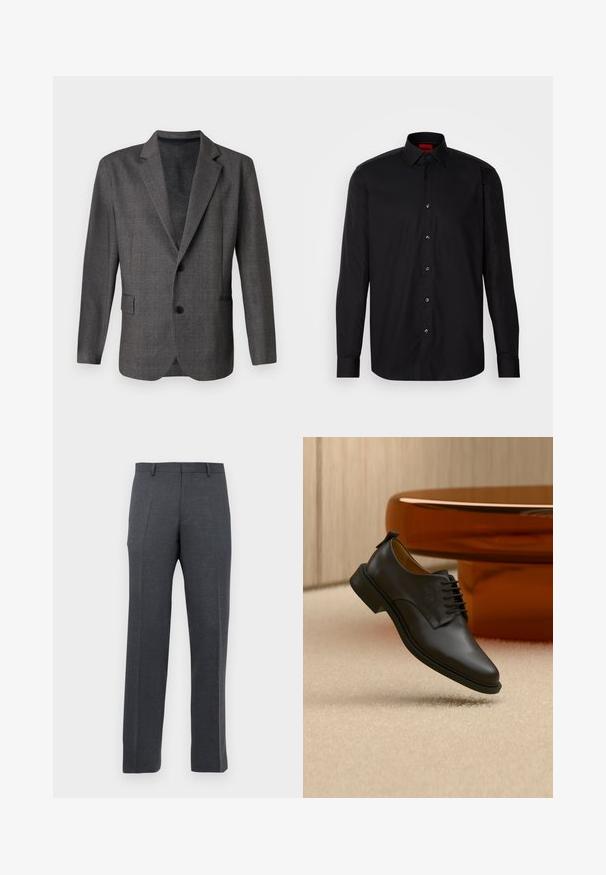 Blazer gris avec un motif texturé, revers en notch, deux boutons et une poche avant. Fabriqué dans un tissu lisse, coupe ajustée.; Chemise noire à manches longues en tissu lisse, avec un col classique, un fermeture à boutons à l'avant et une coupe ajustée.; Pantalons habillés sur mesure gris foncé pour hommes avec passants de ceinture et plis à l'avant, affichés sur un fond blanc.; Chaussure habillée pour homme en cuir noir à lacets flottant au-dessus d'un tapis beige, avec une table basse ronde marron en arrière-plan.