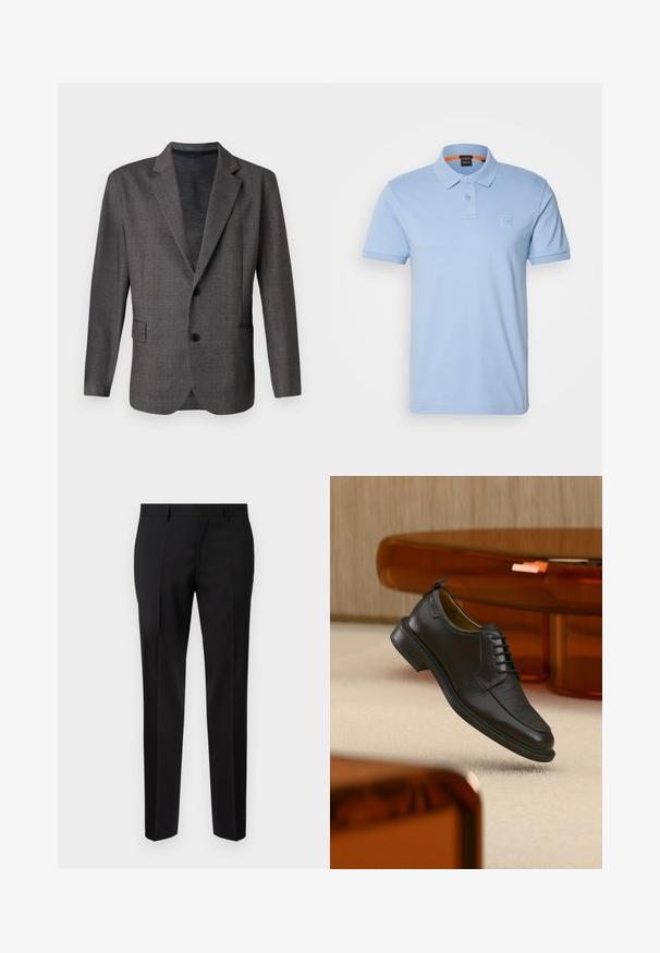 Grå blazer med et struktureret mønster, stikkraver, to knapper og en forlommes. Lavet af et glat stof, skræddersyet pasform.; Lysblå polo skjorte lavet af bomuld. Har en klassisk krave, to knapper og et lille logo patch på brystet. Korte ærmer.; Sorte skræddersyede bukser lavet af glat stof, med lige ben, raffinerede folder og en klassisk talje med bæltestropper.; Sort lædersko med snørebånd og tekstureret front, svævende over beige tæppe i et moderne rum med møbler i ravfarvet toning.