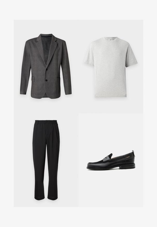 Blazer gris con un patrón texturado, solapas con muesca, dos botones y un bolsillo frontal. Hecho de una tela suave, de corte entallado.; Camiseta gris de manga corta hecha de tela suave. Presenta un cuello redondo, un corte relajado y no tiene patrones ni logotipos. Textura suave en toda la prenda.; Pantalones negros con cintura elástica, cierre de botón y diseño de pierna recta. Tejido liso, sin patrones o acentos visibles.; Mocasín de cuero negro con detalle de tira gris, tacón bajo y suela texturizada, con la marca "HUGO" en oro en el lateral.
