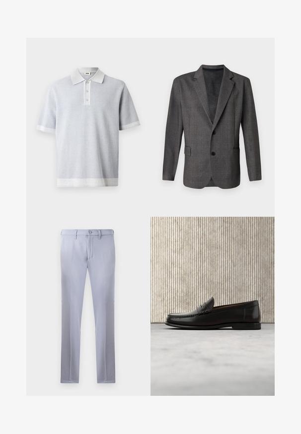 Grå blazer med et struktureret mønster, stikkraver, to knapper og en forlommes. Lavet af et glat stof, skræddersyet pasform.; Lys grå polo skjorte med struktureret mønster, korte ærmer, og en kontrasterende hvid krave og kant. Tre knaplukninger foran.; Lysegrå skræddersyede bukser lavet af glat stof, med knaplukning, bæltestropper og lige ben. Ingen synlige lommer.; Sort læder penny loafer med lav hæl, rundet tå og syningsdetaljer langs fronten og siderne, vist på neutral baggrund.