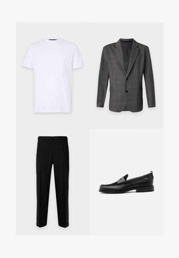 Grijze blazer met een gestructureerd patroon, notch revers, twee knopen en een voorkant zak. Gemaakt van een gladde stof, getailleerde pasvorm.; Witte katoenen t-shirt met korte mouwen, ronde halslijn, voorzien van een subtiele reliëflogo op de linkerborst, met een soepele textuur.; Zwarte broek van gladde stof, met een rechte snit, twee voorzakken en een ritssluiting met knoopsluiting.; Zwarte leren loafer met grijs riemdetailelement, lage hak en gestructureerde zool, aan de zijkant gebrandmerkt met "HUGO" in goud.