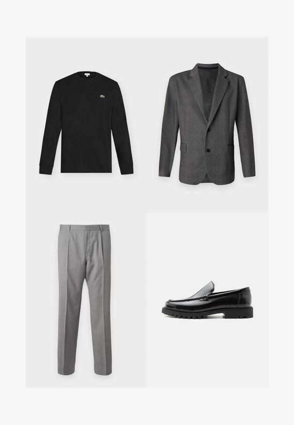 Blazer gris con un patrón texturado, solapas con muesca, dos botones y un bolsillo frontal. Hecho de una tela suave, de corte entallado.; Camiseta negra de manga larga con cuello redondo y pequeño logo verde de cocodrilo en el pecho izquierdo, mostrada sobre un fondo claro y liso.; Pantalones gris con rayas y un corte a medida, con pliegues delanteros, trabillas para cinturón y una textura suave. Diseño de pierna recta, con dobladillos limpios.; Mocasín de cuero negro con suela de goma gruesa, empeine cosido y nombre de la marca en relieve en el talón, mostrado en perfil lateral sobre fondo blanco.