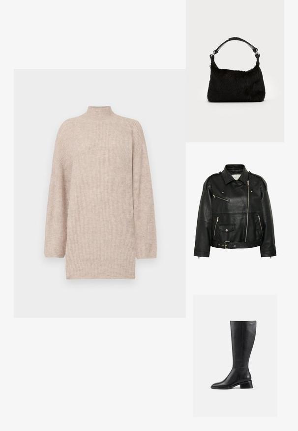 Sort læder bikerjakke med diagonal lynlås, lynlås- og trykknapslommer, bælte i taljen og skulderstropper.; Beige højhalset sweater med faldende skuldre, lavet af ribbet strikmateriale. Løs pasform med lange ærmer og en blød tekstur.; Støvle i sort læder, der går til knæene, med rund tå og lav blokhæl. Har en glat tekstur og minimal syning.; Sort faux fur håndtaske med en blød tekstur, rund form og en robust skulderrem i sort læder. Synlige sølvhardware-detaljer.