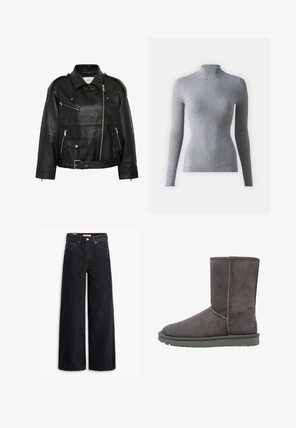 Sort læder bikerjakke med diagonal lynlås, lynlås- og trykknapslommer, bælte i taljen og skulderstropper.; Grå ribbet turtleneck sweater med lange ærmer, lavet af strikket stof. Har en tætsiddende design og en høj krave for ekstra varme.; Sorte brede benjeans lavet af denim, med fem lommer, kobbernitter og en klassisk knaplukning. Glat tekstur med et rent design.; Grå ruskinds ankelstøvle med en rund tå, lodrette sømdetaljer og en flad gummisål. Har et enkelt, uudsmykket design.