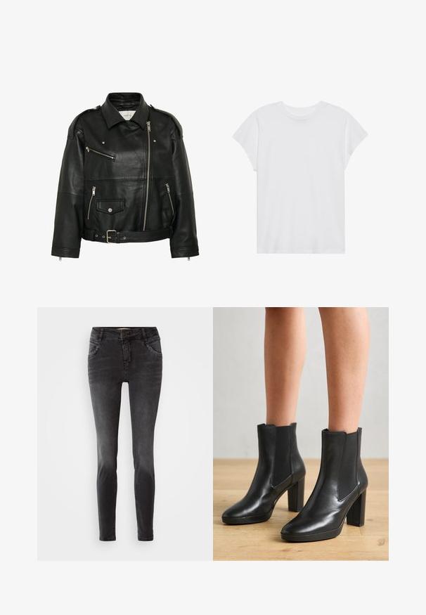 Zwarte leren motorjas met diagonale rits, rits- en drukknopzakken, ceintuur in de taille en schouderepauletten.; Witte t-shirt met korte mouwen, ronde hals, relaxte pasvorm, gemaakt van zacht katoen. Glad textuur, geen patronen of logo's.; Zwarte skinny jeans van denim, met een frontale knoopsluiting, gestudeerde details op de zakken en een gladde textuur.; Zwarte leren enkelboots met een blokhak, voorzien van elastische zijkanten, een gladde textuur en een slanke silhouet.