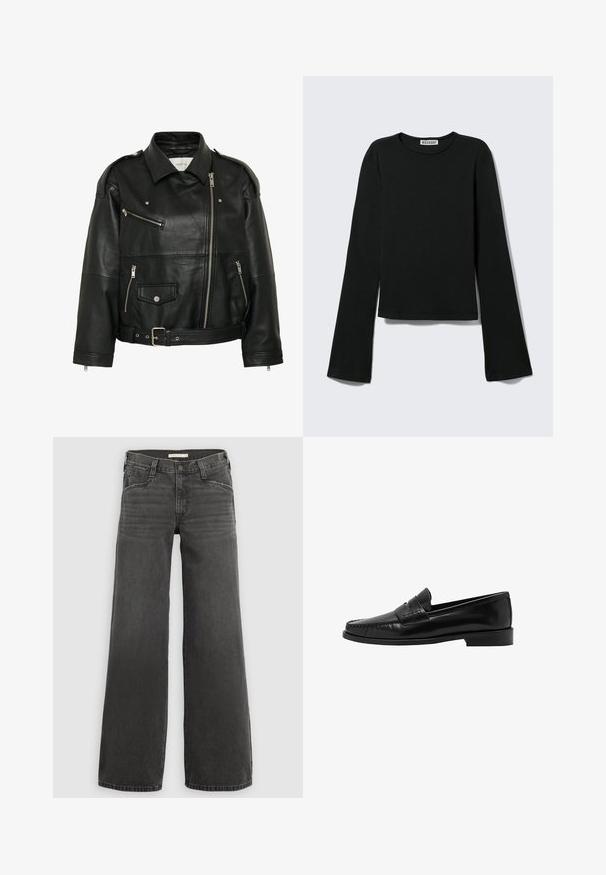 Cazadora de cuero negro para motorista con cremallera diagonal, bolsillos con cremallera y botones automáticos, cintura con cinturón y hombreras.; Camiseta negra de manga larga con cuello redondo, silueta ajustada y mangas ligeramente acampanadas, etiquetada con la marca "Weekday" en el cuello.; Jeans de mezclilla de pierna ancha en gris oscuro, con cintura estructurada con trabillas para cinturón, diseño de cinco bolsillos y desgaste sutil en la tela.; Mango Zapatos sin cordones - black