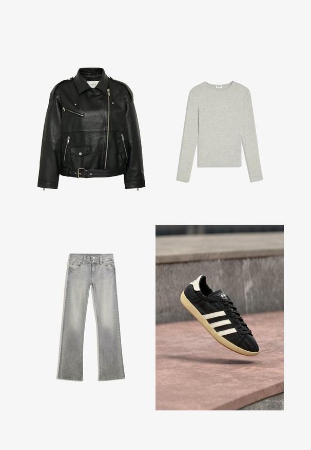 Sort læder bikerjakke med diagonal lynlås, lynlås- og trykknapslommer, bælte i taljen og skulderstropper.; Lysegrå langærmet crewneck-trøje med slim fit og uden synlige mønstre eller logoer, lagt fladt på en hvid baggrund.; Grå denim flared jeans med en afdæmpet finish, der har en knaplukning, fem lommer og syet detaljering langs taljebåndet og kanten.; Sort Adidas sneaker med hvide striber og beige sål, fanget i luften over en stenet overflade og baggrund af en stenmur.