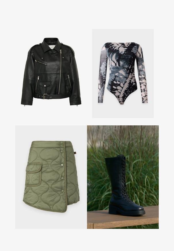 Sort læder bikerjakke med diagonal lynlås, lynlås- og trykknapslommer, bælte i taljen og skulderstropper.; Langærmet bodystocking med off-shoulder udskæring og sort, hvid og gråt abstrakt tie-dye mønster på semigennemsigtigt stof.; Quiltet olivengrøn nederdel med en omslagdesign, der har en sidelomme, trykknapper og en glat, let blank tekstur.; Høj sort læder snøre støvle med kraftig hæl på en træoverflade, grønne græsser slørede i baggrunden.
