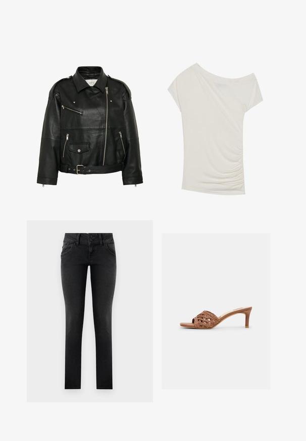 Veste de motard en cuir noir avec fermeture éclair diagonale, poches zippées et à boutons-pression, taille ceinturée et épaulettes.; Haut à manches courtes blanc cassé en tissu léger, présentant un design drapé et des détails de fronces sur le côté. Texture douce avec une coupe ample.; Jean skinny en denim noir avec une taille à deux boutons, des poches avant et une finition lisse et texturée. Coupe standard, design pleine longueur.; Mule sandale à bout ouvert marron avec tige en cuir tressé et talon effilé de hauteur moyenne sur fond blanc.