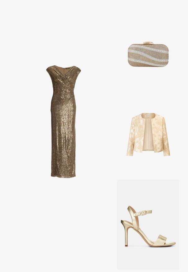 Beige jas met bloemen- en vlinderborduurwerk, cropped ontwerp, open voorkant en lange mouwen met een gladde textuur.; Gouden avondjurk zonder mouwen met pailletten, een V-hals wikkelontwerp en een aansluitende lange silhouet.; Gouden metallic, gestrikte hoge hak sandaal met een gesp sluiting, open teen en een gladde textuur. Kenmerkt zich door een slanke, puntige hak.; Kleine rechthoekige gouden clutch bedekt met gouden kralen en witte pailletten gerangschikt in diagonale golfpatronen, met een gouden sluiting bovenop.
