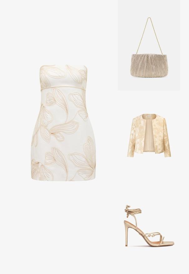 Beige jas met bloemen- en vlinderborduurwerk, cropped ontwerp, open voorkant en lange mouwen met een gladde textuur.; Strapless jurk in crèmekleur met reliëf bloemenpatronen in lichtbeige. Getailleerd ontwerp, gladde textuur, knielange snit en geen zichtbare sluitingen.; Gouden metallic hoge hak sandaal met een slanke enkelband, gevlochten voorbanden en een vierkante neus. Hoge kwaliteit leren textuur.; Plooitjes metallic stoffen handtas met een gouden kettinghengsel, zachte rechthoekige vorm, lichtbeige kleur, gestructureerd oppervlak en gathered details.