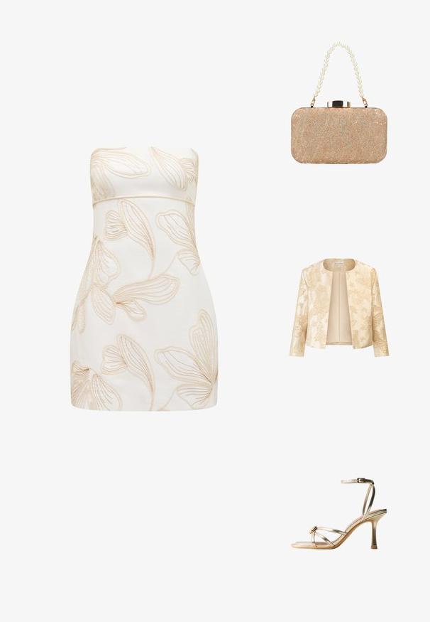 Beige jas met bloemen- en vlinderborduurwerk, cropped ontwerp, open voorkant en lange mouwen met een gladde textuur.; Strapless jurk in crèmekleur met reliëf bloemenpatronen in lichtbeige. Getailleerd ontwerp, gladde textuur, knielange snit en geen zichtbare sluitingen.; Gouden metallic sandaal met hoge hak, dunne gekruiste bandjes, enkelgesp en een klein rond decoratief detail dichtbij de tenen.; Rechthoekige gouden clutch met bloemig kanten patroon, glitteraccenten en een handvat van grote witte parels.
