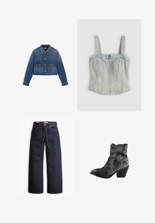 Kort blå denimjakke med knapper foran, to store forlommer med metalspænde, og lange ærmer.; Lyseblå denim korsett-top med brede stropper, lynlåslukning foran, lodrette sømdetaljer og en lige kant.; Bredde ben mørkeblå denim jeans med høj talje, der har snoretræk, fem lommer og kontrastsyet detaljer.; Sort og grå tekstureret ankelstøvle med spids tå, lav stablet hæl og lynlås lukning bagpå.