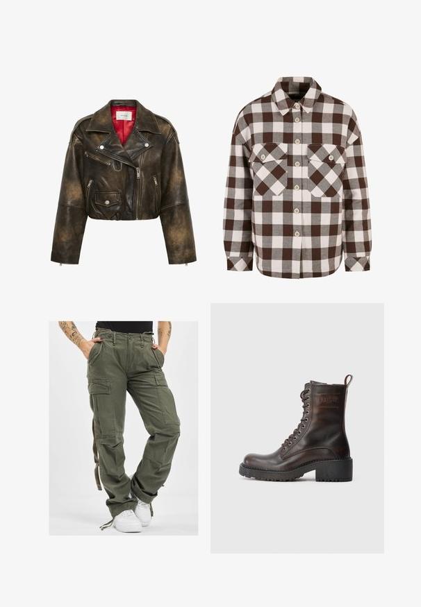 Dunkelbraune, distressed Leder-Cropped-Bikerjacke mit asymmetrischem Frontreißverschluss, drei Reißverschlusstaschen, Druckknopfklappentasche und rotem Innenfutter.; Braun-weißer Karo-Hemd mit Knöpfen, zwei Brusttaschen, klassischem Kragen und durchgehender Knopfleiste. Weicher Stoff.; Olivgrüne Cargo-Hosen mit mehreren Taschen, Kordelzugbund und lockerer Passform. Der Stoff hat eine weiche Textur und wirkt robust und langlebig.; Braune Leder Schnürstiefelette mit einem kräftigen Absatz, strukturierter Oberfläche und eingeprägtem Logo-Detail. Verfügt über Metallösen und eine profilierten Sohle.