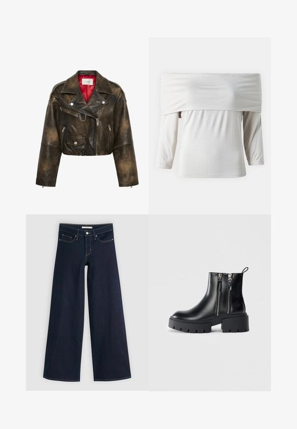 Chaqueta biker corta de cuero marrón oscuro envejecido con cremallera frontal asimétrica, tres bolsillos con cremallera, bolsillo con solapa y botón de presión, y forro interior rojo.; Top blanco sin mangas, con largas mangas, tejido suave y un corte holgado con un detalle fruncido a lo largo de la cintura.; Jeans de pierna ancha en denim oscuro con costuras naranjas, cierre de botón, dos bolsillos frontales y una textura suave. Presenta un dobladillo limpio.; Botines de cuero negro con suelas gruesas, cremalleras laterales y tacón. Textura suave con una pestaña de bucle en la parte trasera para ponérselos fácilmente.