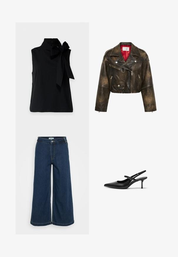 Chaqueta biker corta de cuero marrón oscuro envejecido con cremallera frontal asimétrica, tres bolsillos con cremallera, bolsillo con solapa y botón de presión, y forro interior rojo.; Top negro sin mangas con un alto cuello, que presenta un gran lazo en el lado izquierdo. Fabricado en un tejido suave y liso con un dobladillo limpio.; Pantalones de mezclilla de pierna ancha en azul oscuro. Cuenta con un cierre de botón, cinco bolsillos, costuras ligeras y una textura suave.; Zapatos de tacón slingback de cuero negro con punta afilada, correa ajustable delgada y un tacón de aguja de aproximadamente 5 cm, textura suave.