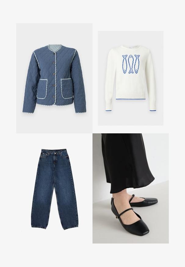Quiltet marineblå jakke med diamantmønstre, rund halsudskæring, brune knapper, to forlommer og ternede kanter langs kanterne.; Hvid crewneck-trøje med tre blå pixelerede fiskedesign på brystet og blå kant ved manchetter og kant.; Mørkeblå bredbenede jeans lavet af denim, med høj talje, fem lommer, messingnitter og pæne kanter.; Sorte flade sko med firkantet tådesign, lavet af glat læder, med et enkelt bånd over foden, med en lille dekorativ detalje.