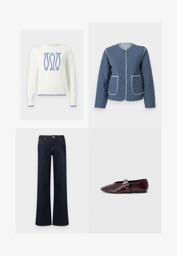 Veste matelassée bleu marine avec motifs en losange, encolure ronde, boutons marron, deux poches avant et bordure à carreaux le long des bords.; Pull blanc col rond avec trois poissons bleus pixélisés sur la poitrine et bordure bleue aux poignets et à l’ourlet.; Jean en denim bleu foncé à jambes larges avec poches avant, fermeture par bouton et fermeture éclair, et coutures contrastantes visibles.; Ballerines en cuir bordeaux avec un bout pointu, une semelle plate et une sangle décorative avec boucle sur le cou-de-pied. Texture lisse et brillante.