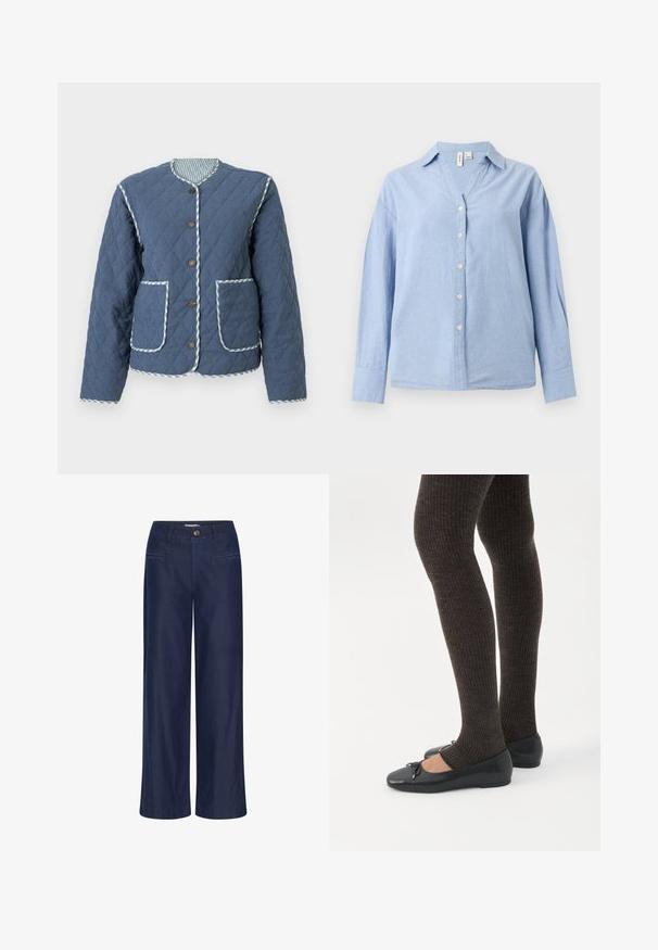 Chaqueta acolchada azul marino con patrones de diamante, escote redondo, botones marrones, dos bolsillos frontales y ribete a cuadros a lo largo de los bordes.; Camisa azul claro de manga larga con cuello, seis botones blancos y un corte holgado sobre un fondo liso.; ICHI IHFlared - Vaqueros a campana - dark blue; Piernas con leggings oscuros acanalados combinados con bailarinas negras que presentan pequeños detalles de lazo sobre un fondo blanco.