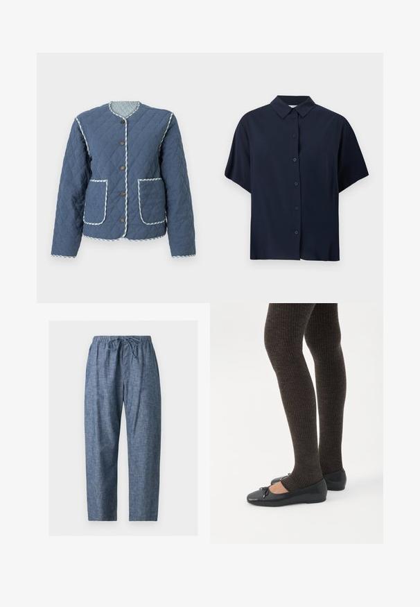 Veste matelassée bleu marine avec motifs en losange, encolure ronde, boutons marron, deux poches avant et bordure à carreaux le long des bords.; Chemise bleu marine à manches courtes avec col classique, présentée sur fond blanc.; Pantalon décontracté en chambray bleu avec taille élastique et cordon de serrage, coupe droite, présenté sur un fond uni.; Jambes portant des leggings côtelés foncés associés à des ballerines noires avec de petits détails en nœud sur fond blanc.