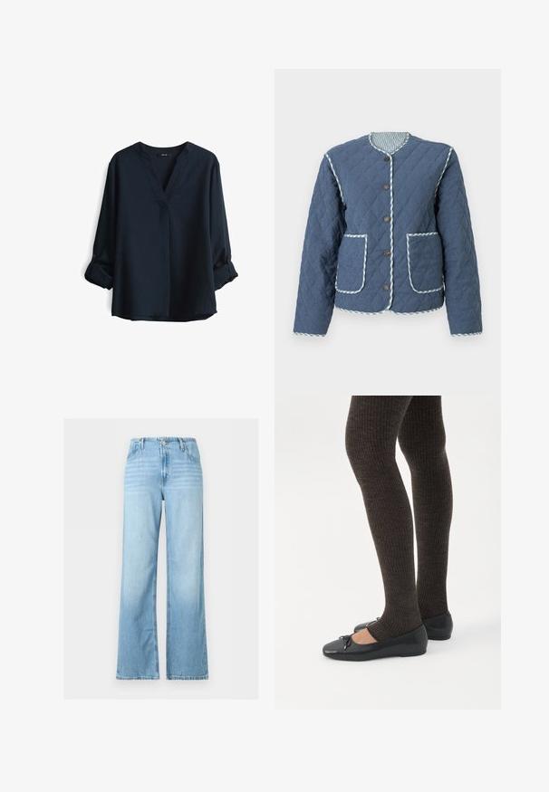 Gequilt donkerblauw jack met diamantvormige patronen, ronde halslijn, bruine knopen, twee voorzakken en geruite bies langs de randen.; Navyblauwe blouse met lange mouwen, een V-hals en oprollende knopenmanchetten. Gemaakt van lichtgewicht stof met een relaxte pasvorm.; Lichtblauwe spijkerbroek met wijde pijpen, voor knoop en rits, riemlussen en vijfzakken ontwerp.; Benen met donkere geribbelde leggings gecombineerd met zwarte ballerina's met kleine strikdetails op een witte achtergrond.