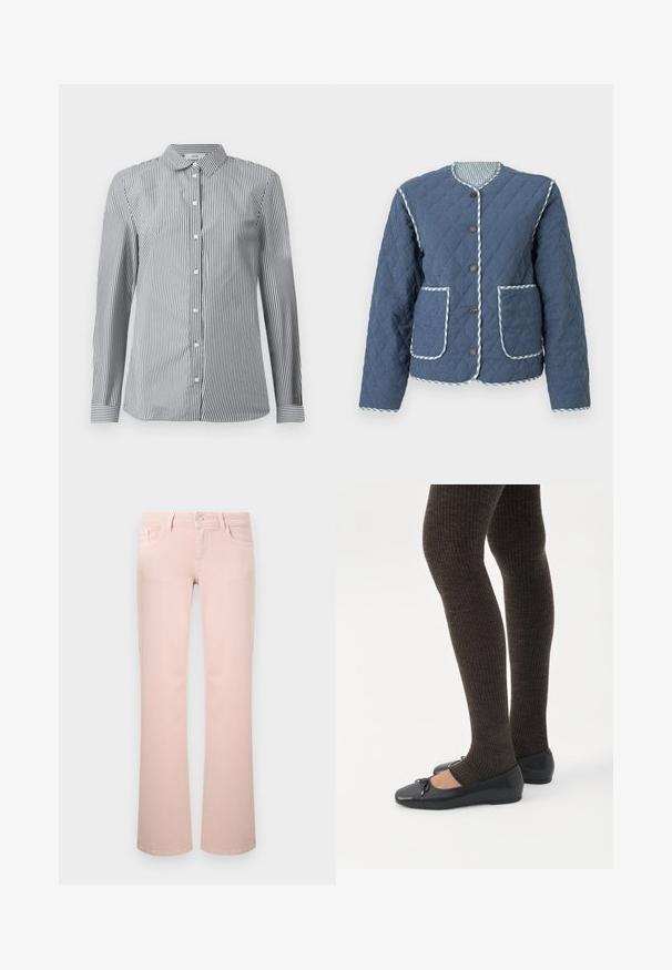 Quiltet marineblå jakke med diamantmønstre, rund halsudskæring, brune knapper, to forlommer og ternede kanter langs kanterne.; Stribet button-up skjorte i sort og hvid bomuldsstof. Har en klassisk krave og lange ærmer med knapmanchetter.; Lyserøde straight-leg jeans med forlommer, bæltestropper og lukning med metal knap.; Ben iført mørke ribbede leggings kombineret med sorte balletsko med små sløjfedetaljer på hvid baggrund.