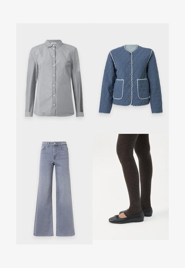 Quiltet marineblå jakke med diamantmønstre, rund halsudskæring, brune knapper, to forlommer og ternede kanter langs kanterne.; Stribet button-up skjorte i sort og hvid bomuldsstof. Har en klassisk krave og lange ærmer med knapmanchetter.; Lys blå cowboybukser med vide ben og høj talje, lukkes foran med knap og lynlås, med lommer foran og bagpå, vist på en hvid baggrund.; Ben iført mørke ribbede leggings kombineret med sorte balletsko med små sløjfedetaljer på hvid baggrund.