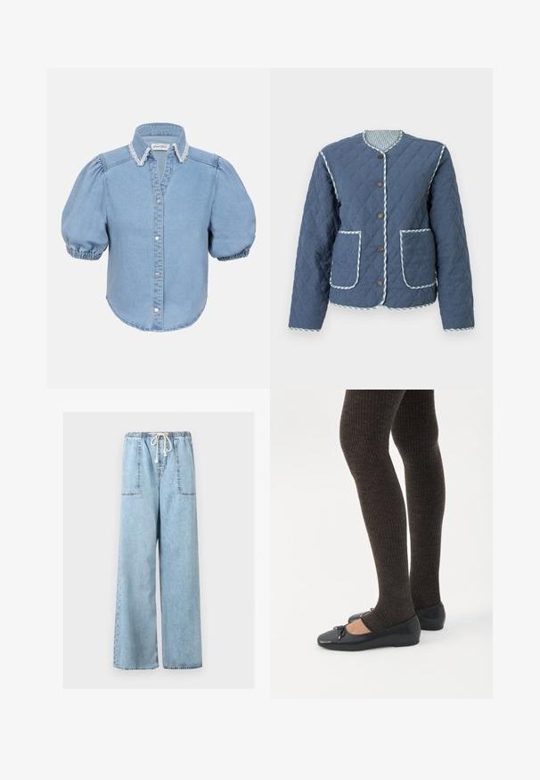 Veste matelassée bleu marine avec motifs en losange, encolure ronde, boutons marron, deux poches avant et bordure à carreaux le long des bords.; Chemise en denim bleu clair à manches courtes avec des manches bouffantes, un col bordé de dentelle et un devant à boutons. Texture douce avec un ourlet arrondi.; Pantalon en denim bleu clair à jambes larges avec taille élastique et cordon blanc, présentant de grandes poches plaquées à l'avant.; Jambes portant des leggings côtelés foncés associés à des ballerines noires avec de petits détails en nœud sur fond blanc.