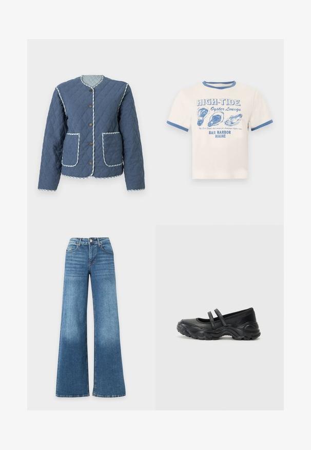 Veste matelassée bleu marine avec motifs en losange, encolure ronde, boutons marron, deux poches avant et bordure à carreaux le long des bords.; T-shirt crème avec bordure bleue présentant le texte « HIGH-TIDE Oyster Lounge » et trois illustrations de coquilles d'huîtres bleues, en référence à Bar Harbor, Maine.; Jean bleu taille haute à jambes larges avec bouton à l'avant, fermeture éclair, poches avant et arrière, présenté sur un fond blanc.; Ballerines noires en cuir avec deux brides réglables, un bout rond et une semelle en caoutchouc texturé pour une meilleure adhérence.