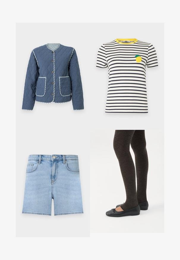Veste matelassée bleu marine avec motifs en losange, encolure ronde, boutons marron, deux poches avant et bordure à carreaux le long des bords.; T-shirt à manches courtes à rayures horizontales blanches et noires avec un col jaune et un écusson en forme de citron sur le côté gauche de la poitrine.; Short en jean bleu clair avec bouton à l'avant, fermeture éclair, passants de ceinture et design cinq poches sur un fond uni.; Jambes portant des leggings côtelés foncés associés à des ballerines noires avec de petits détails en nœud sur fond blanc.