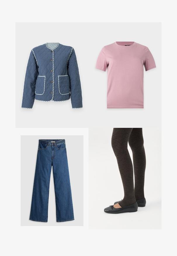 Gequilt donkerblauw jack met diamantvormige patronen, ronde halslijn, bruine knopen, twee voorzakken en geruite bies langs de randen.; Effen zachtroze katoenen T-shirt met korte mouwen en ronde halslijn, weergegeven op een vlakke lichtgrijze achtergrond.; Wijde blauwe denim jeans met een hoge taille, voorzien van een klassiek vijf-pocket ontwerp en een gestructureerde tailleband.; Benen met donkere geribbelde leggings gecombineerd met zwarte ballerina's met kleine strikdetails op een witte achtergrond.