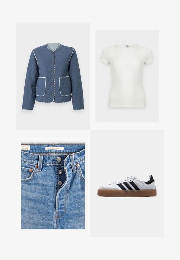Chaqueta acolchada azul marino con patrones de diamante, escote redondo, botones marrones, dos bolsillos frontales y ribete a cuadros a lo largo de los bordes.; Camiseta blanca lisa ajustada con mangas cortas y escote redondo, mostrada sobre un fondo neutro.; Jeans de mezclilla azul claro con corte recto a la altura del tobillo. Incluye cinco bolsillos, dos botones de metal y costuras naranjas visibles. Etiquetas presentes.; Zapatillas de cuero blancas con rayas negras, suela de goma, puntera redonda, cierre de cordones y caperuza de ante gris suave.
