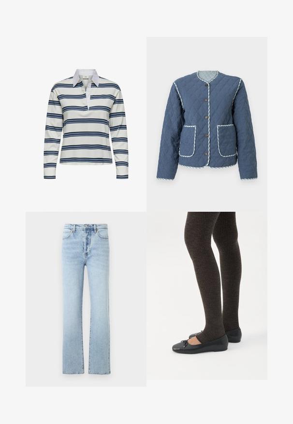 Gequilt donkerblauw jack met diamantvormige patronen, ronde halslijn, bruine knopen, twee voorzakken en geruite bies langs de randen.; Poloshirt met lange mouwen, witte basis met marineblauwe en lichtblauwe horizontale strepen. Opvallende witte kraag en zachte katoenen textuur.; Lichtblauwe denim jeans met een rechte pijp, voorzien van een hoge taille, klassiek vijf-pocket ontwerp en subtiele vervaging.; Benen met donkere geribbelde leggings gecombineerd met zwarte ballerina's met kleine strikdetails op een witte achtergrond.