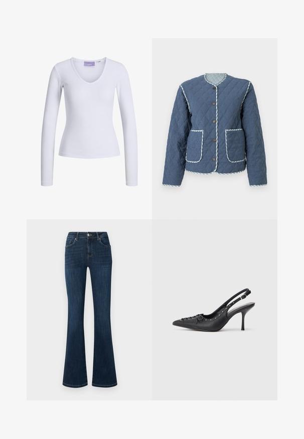 Gequilt donkerblauw jack met diamantvormige patronen, ronde halslijn, bruine knopen, twee voorzakken en geruite bies langs de randen.; Witte lange mouwen top met een geribbelde textuur en een V-hals ontwerp. Label zichtbaar aan de binnenkant van de hals met de merknaam "JJXX."; Donkerblauwe spijkerbroek met een taillehoogte halverwege, vijfzakkenstijl en wijde pijpen, plat liggend tegen een witte achtergrond.; Zwarte leren slingback stiletto met spitse neus, zijgesp met gesp, studs langs de rand en decoratieve veters aan de voorkant.