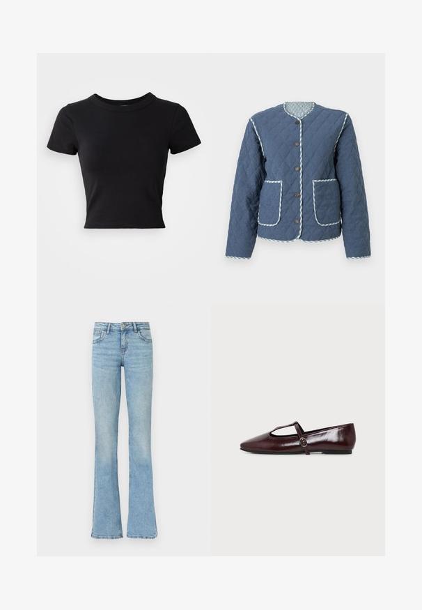 Chaqueta acolchada azul marino con patrones de diamante, escote redondo, botones marrones, dos bolsillos frontales y ribete a cuadros a lo largo de los bordes.; Camiseta corta negra hecha de algodón sólido, con mangas cortas y un cuello redondo, de diseño suave y sencillo.; Vaqueros de mezclilla azul claro con cintura alta y piernas acampanadas, con bolsillos delanteros, trabillas para cinturón y cierre de botón.; Zapato plano de cuero burdeos oscuro con punta puntiaguda y una fina tira en forma de T con hebilla plateada sobre un fondo blanco.