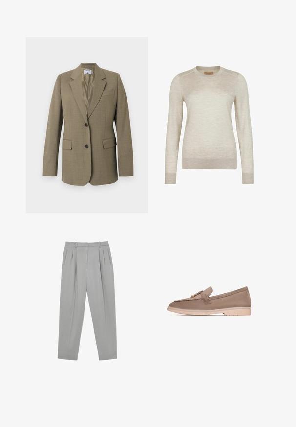 Tan enkeltknappet blazer med hakkede revers, to forlommer med klap, brystlomme og to sorte knapper, foret inderside.; Beige langærmet trøje med rund halsudskæring, ribstrikkede ærmekanter og kant i bunden, lavet af fint strikket stof.; Lysegrå formelle bukser med frontplisser, sidelommer, bæltestropper og en tilspidset benform.; Brune læder loafer med en glat tekstur, der har et dekorativt bånd og guldfarvet hardware, hviler på en lys beige gummisål.