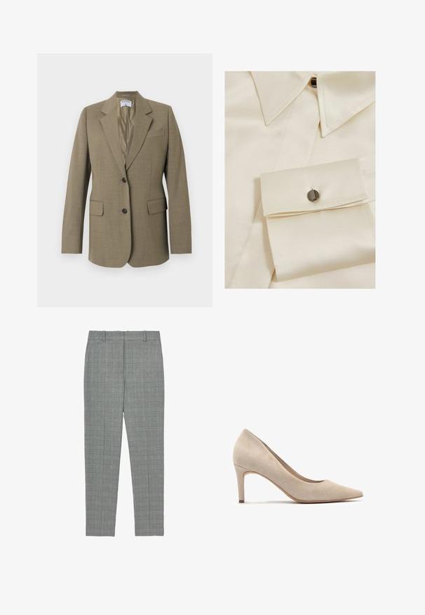 Tan enkeltknappet blazer med hakkede revers, to forlommer med klap, brystlomme og to sorte knapper, foret inderside.; Cremefarvet satin skjorte med spids krave, knaplukning og en manchet med en sort knapdetalje. Glat tekstur og struktureret design.; Grå ternede tapered bukser med bæltestropper og flad front, designet til en skræddersyet pasform.; Beige ruskind højhælede sko med spids tå og en 7 cm hæl. Glat tekstur, minimalistisk design og en strømlinet silhuet.