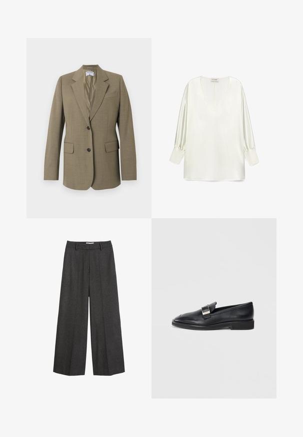 Tan enkeltknappet blazer med hakkede revers, to forlommer med klap, brystlomme og to sorte knapper, foret inderside.; Hvid satinbluse med en dyb V-hals, lange pufærmer og en lige kant. Stoffet har en glat, blank overflade.; Bredde bukser i mørkegrå stof. Har en skræddersyet talje med bæltesløjfer, glat tekstur og minimale syninger som detaljer.; Sorte læder loafers med en sølv rektangulær spænde på toppen og en lav hæl på en hvid baggrund.