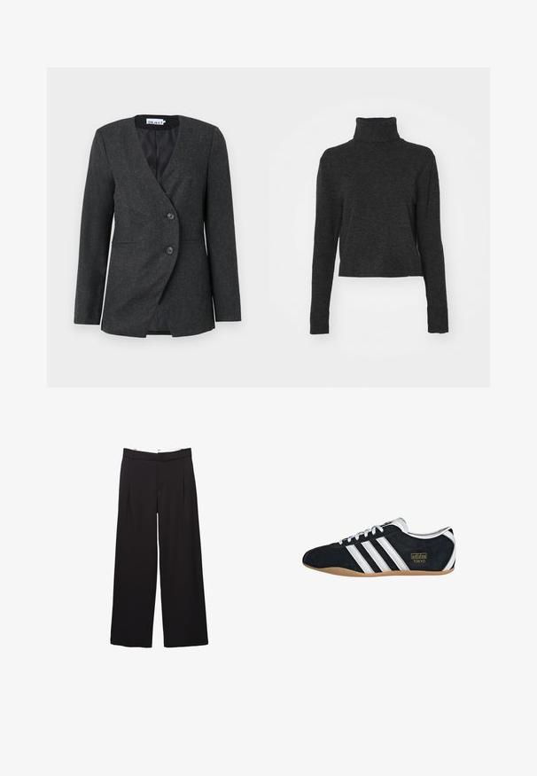 Blazer ajusté gris foncé en tissu texturé. Doté d'un devant croisé avec deux boutons et d'un col à revers.; Pull ras du cou noir à manches longues, en tissu doux et texturé, avec des accents côtelés au col et à l'ourlet.; Pantalon large noir à plis avant avec passants pour ceinture, coupe ajustée, taille moyenne, et fermeture avant dissimulée.; Sneakers en suede noir avec trois bandes blanches, logo doré et semelle en caoutchouc marron. Présente un design à lacets à profil bas.