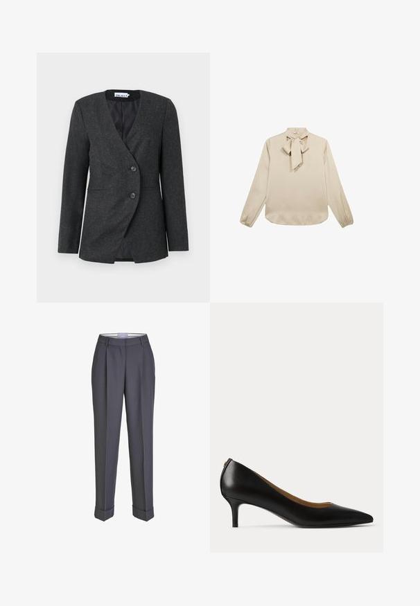 Donkergrijs op maat gemaakte blazer van gestructureerde stof. Heeft een dubbelgeknoopte voorkant met twee knopen en een gepunte kraag.; Beige blouse met lange mouwen en een strikdetail bij de halslijn, gladde textuur, en geraffineerde manchetten, met een afgeronde zoom.; Donkergrijze op maat gemaakte broek met een recht gesneden ontwerp, geplooid voorpand en omslagmanchetten. Gemaakt van soepel materiaal, met een klassieke tailleband.; Zwarte leren pump met puntige neus, lage kittenhak en een gladde afwerking, zijaanzicht op een effen lichte achtergrond.