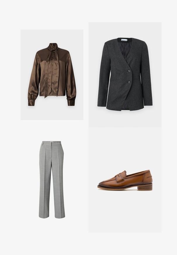 Blazer ajusté gris foncé en tissu texturé. Doté d'un devant croisé avec deux boutons et d'un col à revers.; Blouse en satin marron avec un col haut et un détail en nœud, dotée de manches longues et d'une fermeture à boutons, texture lisse et drapé élégant.; Pantalon en laine gris clair sur mesure avec plis à l'avant, jambes droites et passants de ceinture, conçu pour un usage formel ou professionnel.; Mocassins en cuir marron avec un panneau avant tissé texturé, bout rond et petit talon empilé. Finition lisse avec des détails de couture subtils.