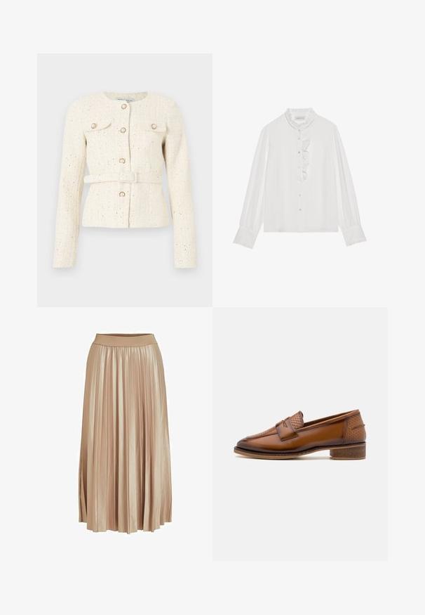 Veste en tweed crème avec boutons en perles, poches à rabat à l’avant, manches longues et ceinture assortie à la taille.; Blouse blanche avec manches longues, poignets à volants, plastron à volants et fermeture boutonnée. Fabriquée en tissu léger. Design simple.; Jupe midi plissée en satin beige clair. Dotée d'une large taille élastique et de plis verticaux élégants sur toute sa longueur.; Mocassins en cuir marron avec un panneau avant tissé texturé, bout rond et petit talon empilé. Finition lisse avec des détails de couture subtils.